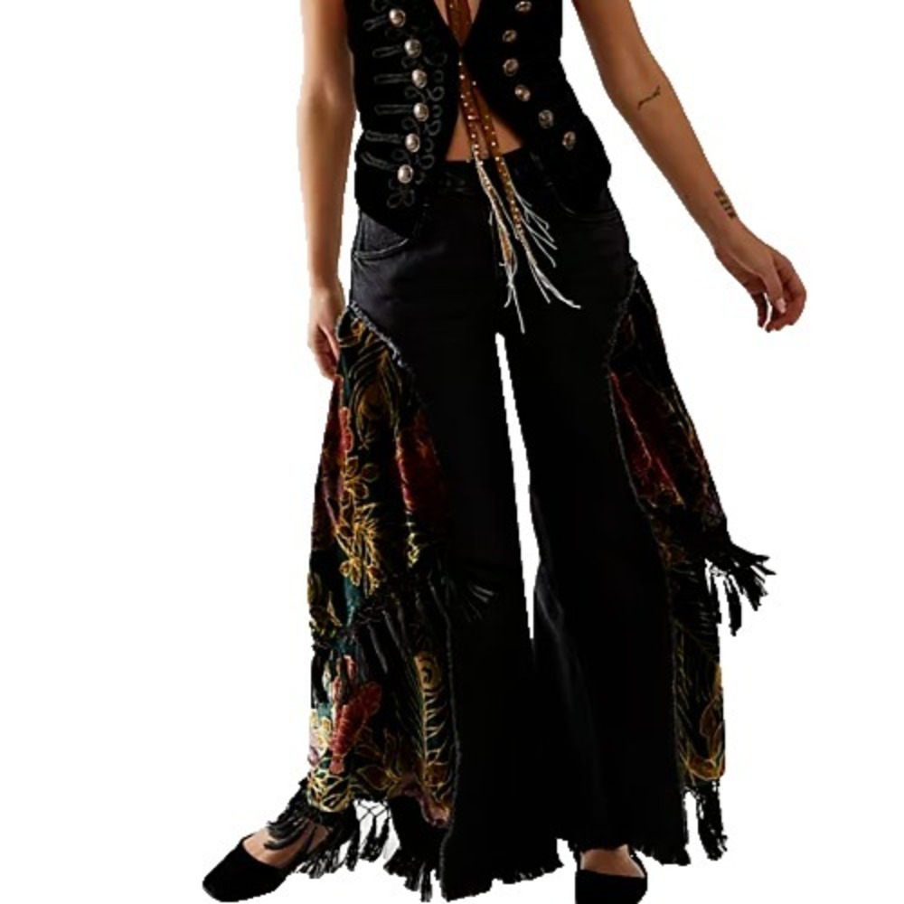 We the Free People Jeans 28 (33x29) Black Just Frills Low-Rise Wide-Leg Boho - Picture 2 of 16